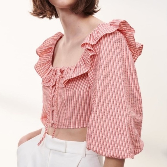 Zara Womens Striped With Ruffles Crop Top Red/White Large - Picture 2 of 7